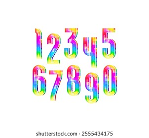 Pixel font of colored mosaic, trendy bright modern vibrant colorful numbers 0, 1, 2, 3, 4, 5, 6, 7, 8, 9 for your logo, vector illustration 10eps.