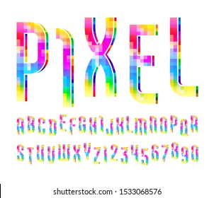 Pixel font of colored pixel, trendy bright alphabet sans serif, modern vibrant colorful letters and numbers for your logo, calendar, flyer, poster, banner, vector illustration 10eps.