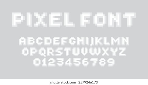 Pixel font displaying letters A-Z and numbers 0-9 in a retro, 8 bit gaming style. The font has a pixelated, monochrome look on a neutral grey background. Font design for video games, digital displays