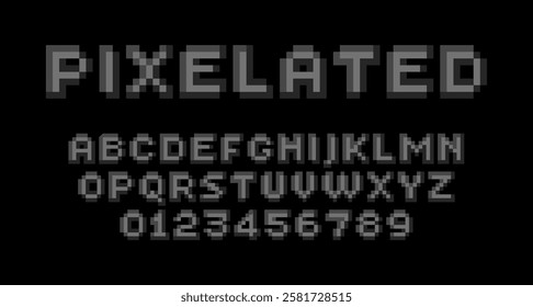 Pixel font displaying letters A-Z and numbers 0-9 in a retro, 8 bit gaming style. The font has a pixelated, monochrome look on a neutral black background. Font design for video games, digital displays