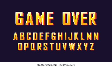 Pixel font Game over concept. Letters in minimalistic retro 8 bit style. Design element for mobile programs and applications. Cartoon flat vector collection isolated on blue background