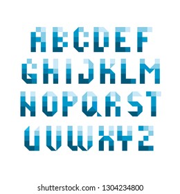Pixel font, geometric typefont, blue halftone characters, vector typeset.