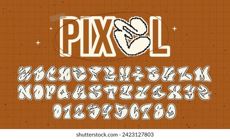 Pixel font. Graffiti Y2K alphabet. Trendy English letters and numbers. 8-bit. Great for your retro designs. Retro futuristic typeface design in 90s style.