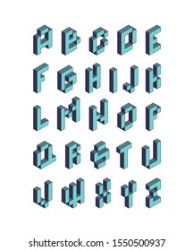 Pixel font. Isometric video game alphabet retro style 90s cubic letters vector 3d