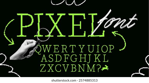 Pixel font and keyboard set in 8-bit green style. Retro alphabet and text for arcade games, vector typography, techno design, square graphics, 80s computer art.