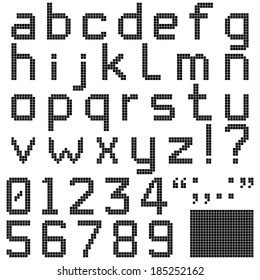 Pixel Font - Lower case alphabets, numerals and punctuation characters in retro square pixel font. Isolated and contains spare pixels. Image ID: 185114873 has the upper case alphabets.