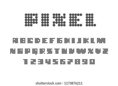 Pixel font on white background. Uppercase letters and numbers. Eps8. RGB. Global color