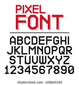Pixel font. Retro alphabet for computer games, web sites. Vector letters and numbers.