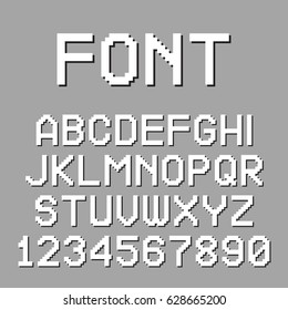 Pixel font. Retro alphabet for computer games, web sites. Vector letters and numbers.