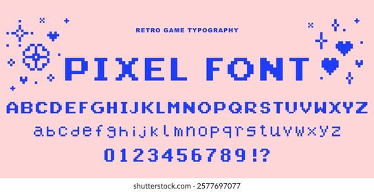 Pixel font set. 8-bit alphabet letters and number pack. Mood of 90's aesthetics. Y2k retro style editable vector typeface for headline, vintage computer design, poster, arcade game style text