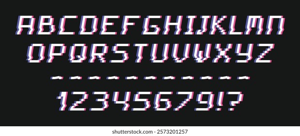 Pixel font set with glitch effect. Italic uppercase letters and numbers in pixel art style for computer display. Simple pixel 8 bit alphabet. Arcade game font. Vector illustration.