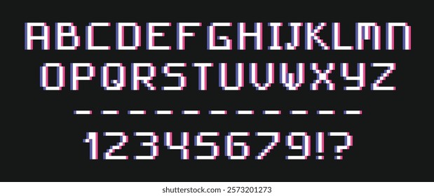 Pixel font set with glitch effect. Uppercase letters and numbers in pixel art style for computer display. Simple pixel 8 bit alphabet. Arcade game font. Vector illustration.