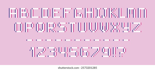 Pixel font set with glitch effect on pink background. Uppercase letters and numbers in pixel art style for computer display. Simple pixel 8 bit alphabet. Arcade game font. Vector illustration.