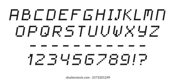 Pixel font set. Italic uppercase letters and numbers in pixel art style for computer display. Simple pixel 8 bit alphabet. Arcade game font. Vector illustration.