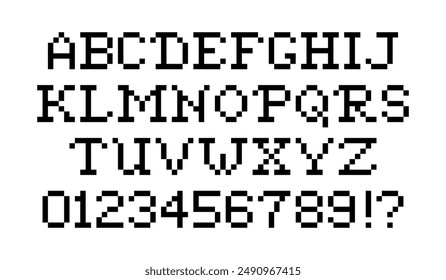 Pixel font set. Large letters and numeral units in pixel art style for computer display. Pixel 8 bit alphabet. Arcade game font.