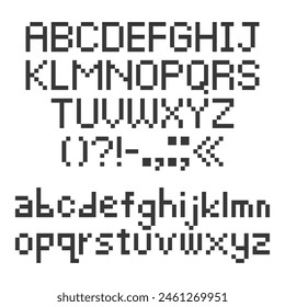 Pixelschriftart festgelegt. Große und kleine Buchstaben im Pixelart-Stil für die Computeranzeige. Pixel 8-Bit-Alphabet. Arcade-Spiel-Schriftart.