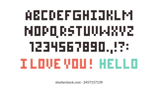 Pixel font set. Letter and numeral units of a digital image or graphic for computer display. Pixel alphabet 