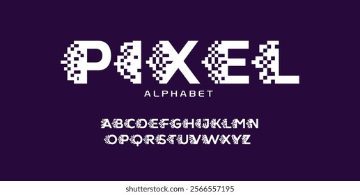 Pixel font set. Letter and numeral units of a digital image or graphic for computer display. Pixel alphabet
