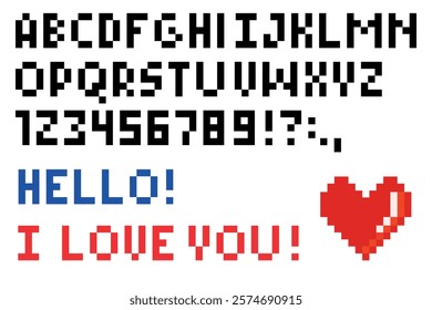 Pixel font set. Letter and numeral units of a digital image or graphic for computer display. Pixel alphabet