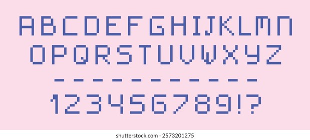 Pixel font set on pink background. Uppercase letters and numbers in pixel art style for computer display. Simple pixel 8 bit alphabet. Arcade game font. Vector illustration.