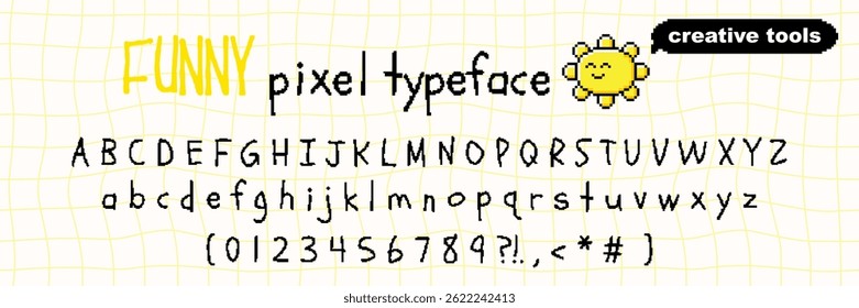 Pixel font set with retro 8-bit letters and numbers. Vector typeface in trendy hand drawn y2k style.