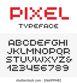 Pixel font. Vector alphabet with dots effect letters and numbers.