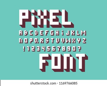 Pixel font. Vector alphabet letters and numbers. Typeface design.