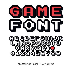 Pixel font vector letters set. Game design. Font of old games. 8 bit letters and numbers vector alphabet.