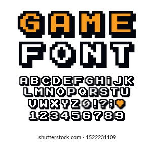 Pixel font vector letters set. Game design. Font of old games. 8 bit letters and numbers vector alphabet.