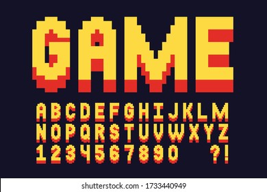 Pixel font Video computer game design 8 bit retro letters and numbers Vector alphabet