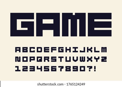 Pixel font Video computer game design 8 bit retro letters and numbers Vector alphabet