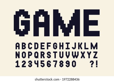 Pixel font Video computer game design 8 bit retro letters and numbers Vector alphabet