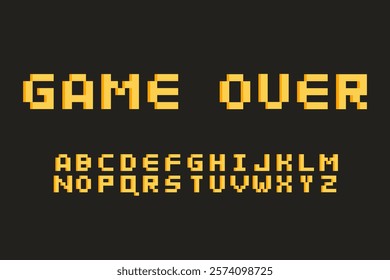 Pixel font for a video game.  Game font, letters of the alphabet, numbers. Old retro game, 8 bit.
Vector.