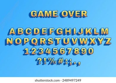 Pixel font. Video game. Retro alphabet and numbers. Gamer text. Arcade gaming. Latin letter. Design 80s style type. Computer typography bit. 90s interface. Vector garish play lettering symbols set