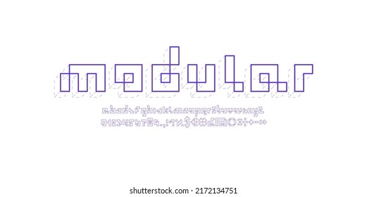 Pixel font, violet alphabet made in gray dotted line 3d style, vector illustration 10EPS