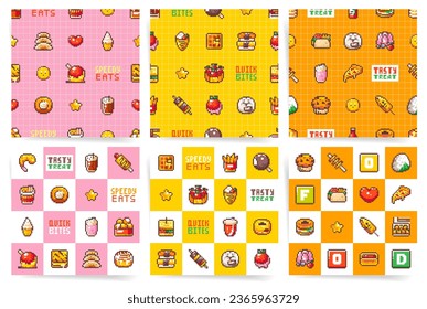 Pixel Food Collection of Seamless Patterns with Street Foods. Burgers, Bagels, Mexican Taco, Fries, Meal, Cakes, buns and Pizza. Cute Pixelated Snacks and Beverages for Wrapping, Print and Designs.