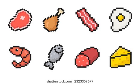 pixel food icon set for games or mobile apps, colorful pixel art, old style 8 bit icons, vector collection