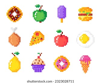 Pixel food icons. Hamburger, donut, pizza, apple, fried eggs, pear, muffin and ice cream flat vector illustration set