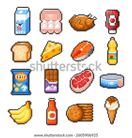 Pixel food set isolated on white background. Pixelated badges, game assets or computer arcade food items. Grocery market and bakery product icons. Vector pixel art illustration in 16 bit old style.