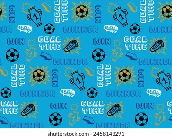 Pixel football seamless pattern with soccer ball, winner cup, football shoes, text GOAL TIME, win. Sport typography repeat print with sport equipment.