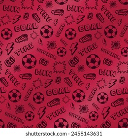 Pixel football seamless pattern with soccer ball, lightning, football shoes, text GOAL TIME, win, winner. Monochrome red repeat print with sport equipment.