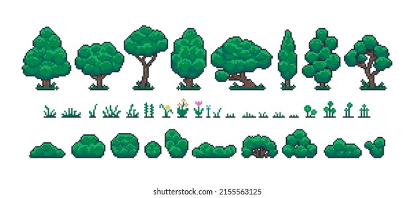 Pixel forest set. Retro 8 bit video game UI elements, trees bushes and grass sprite asset, background landscape objects. Vector isolated collection. Illustration of game trunk wood, pixel 8-bit