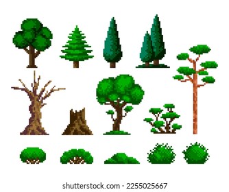 Conjunto de bosques de píxeles. Arbustos de árboles y activos de césped, elementos de interfaz de usuario de videojuegos de 8 bits retro. Ilustración de la madera del tronco del juego, píxel de 8 bits. objetos de paisaje de fondo. Colección aislada de vectores.