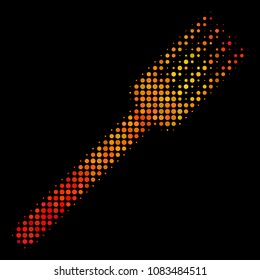 Pixel fork icon. Bright pictogram in orange color variations on a black background. Vector halftone mosaic of fork pictogram created with round items.