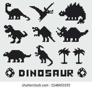 Pixel format dinosaur icon set. Retro pixel dinosaur 