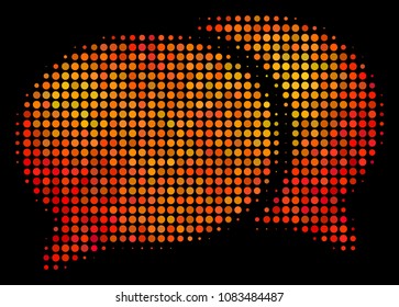 Pixel forum chat icon. Bright pictogram in fire orange color variations on a black background. Vector halftone collage of forum chat symbol organized of circle dots.