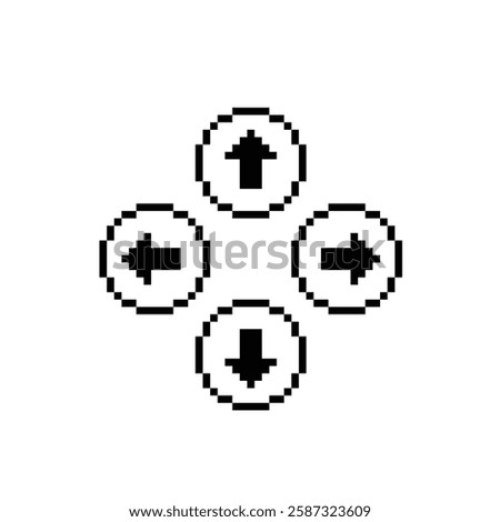 pixel Four arrow from the center icon.  Vector pixel art arrows 8 bit logo for game digital navigation