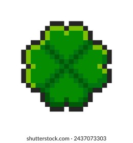 Pixel four-leaf clover isolated on white background. Trefoil lucky flower icon. Slot machine or video game item. Saint Patrick's Day pixel art vector illustration in 8bit old style.