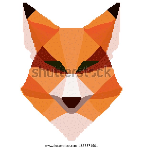 Pixel fox head. The geometric redhead head\
divided into colored zones. Pixel low\
poly