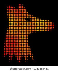 Pixel fox head icon. Bright pictogram in fire orange color tinges on a black background. Vector halftone mosaic of fox head symbol constructed of round dots.